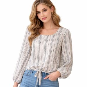 Eley Kishimoto White Black Geometric Blouse Tie Waist Cotton, Size 12